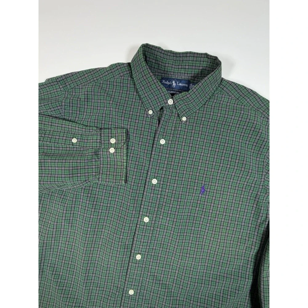 Vintage Ralph Lauren Mens 17.5 XL Tall Green Purple Check Button Up Shirt
